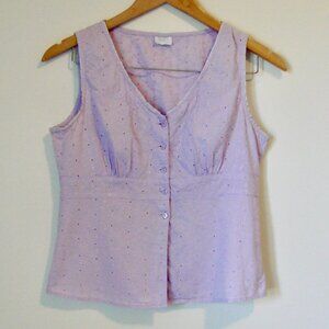 Purple Lavender Eyelet Babydoll Top Floral Embroidery Sleeveless Size Medium